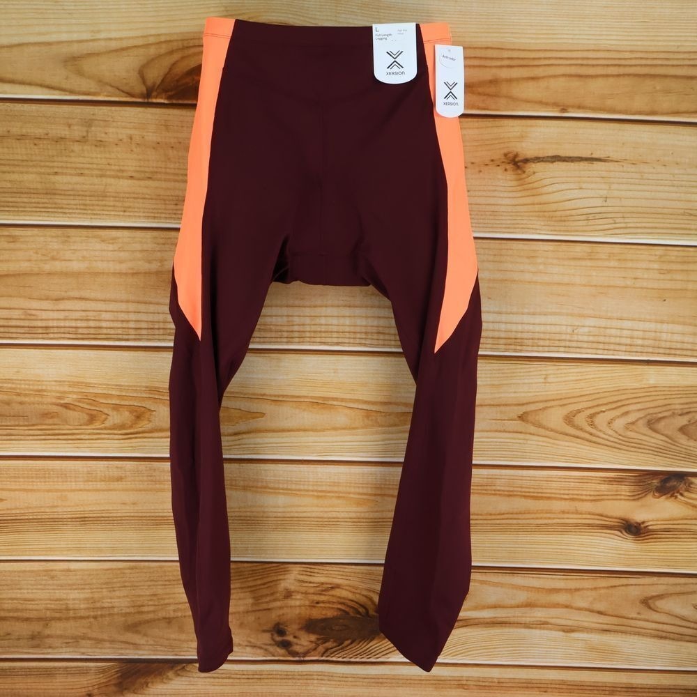 Xersion Bike Leggings Womens L Maroon Orange Full Coverage‎ Seat Pad Cycling NWT